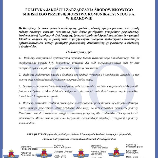 Deklaracja polityki jakości i zarządzania środowiskowego MPK S.A. w Krakowie