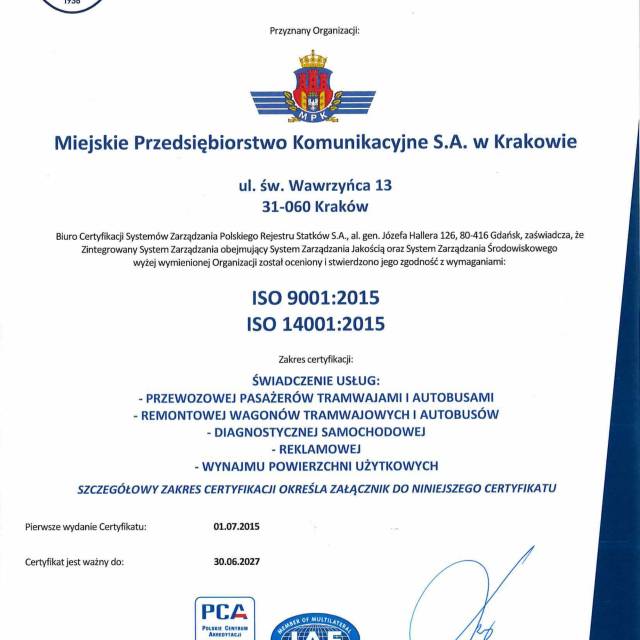Certyfikat zgodności z wymaganiami ISO 9001:2015 i ISO 14001:2015 przyznany MPK S.A. w Krakowie