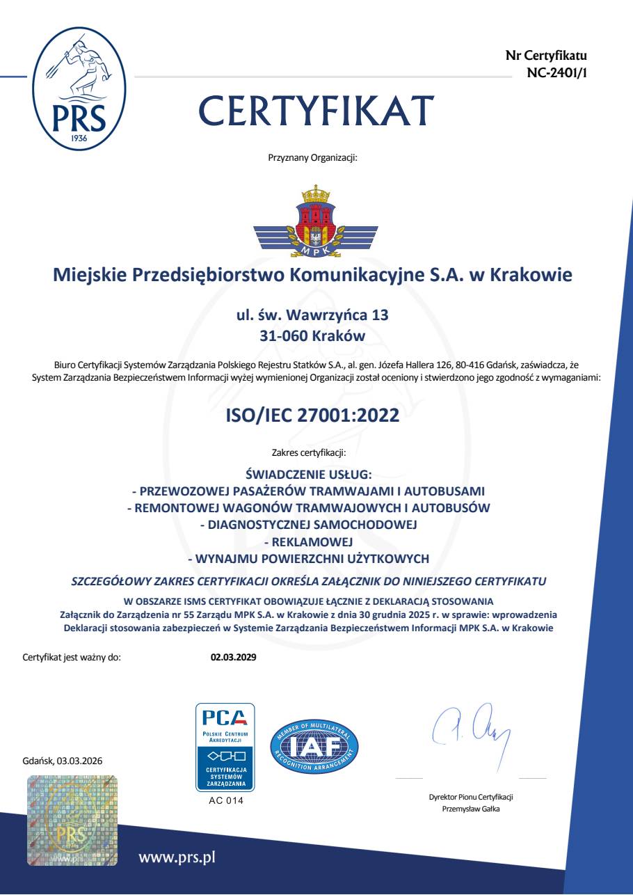 Certyfikat zgodności z wymaganiami ISO 27001:2022 przyznany MPK S.A. w Krakowie